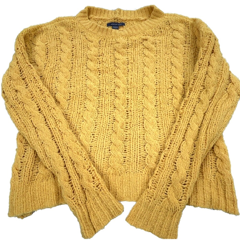 American Eagle Sweater Women XS Yellow Chunky Cable‎ Soft Knit Crew Neck Ladies